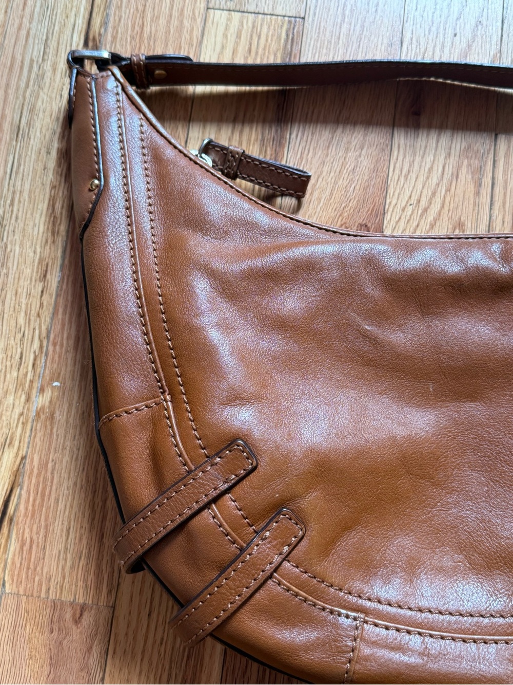 Michael Kors Camel Leather Shoulder Hobo Bag with Buckle Accents - Picture 5 of 7